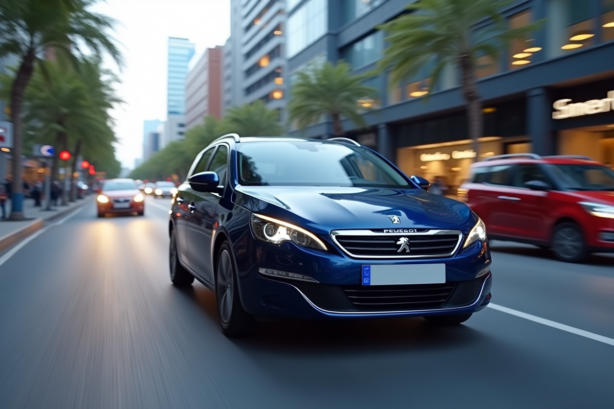 Peugeot 308 en ville en conduite urbaine en journee