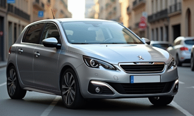Voiture Peugeot 308 argentée en ville en plein jour