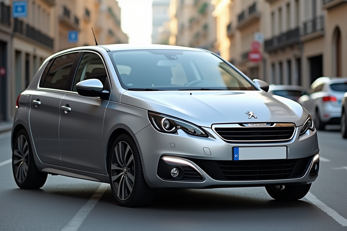 Voiture Peugeot 308 argentée en ville en plein jour