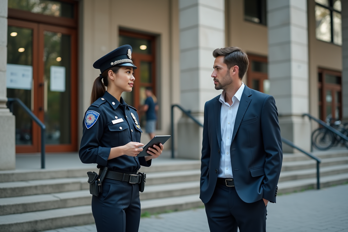 Jeune policière en uniforme parlant avec un civil devant un bâtiment officiel