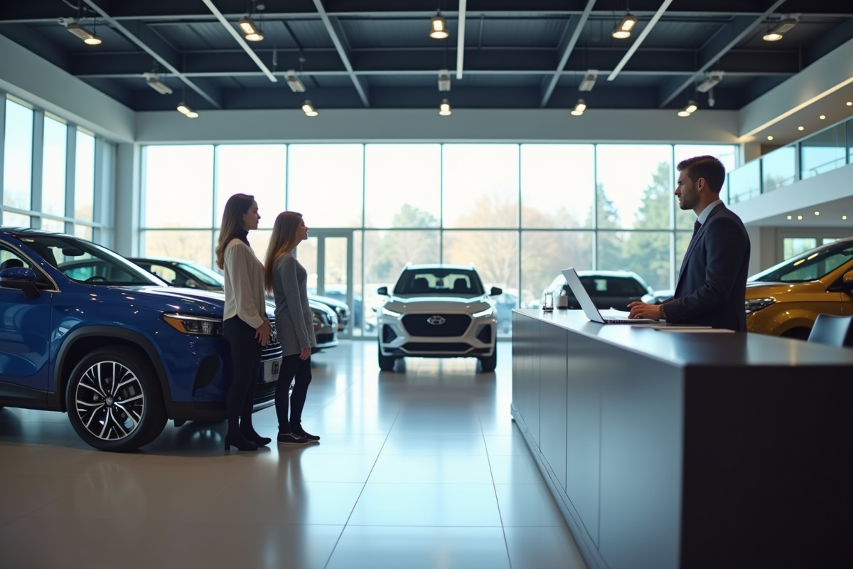 Showroom intérieur bien éclairé avec plusieurs voitures neuves et une famille conseillée par un agent