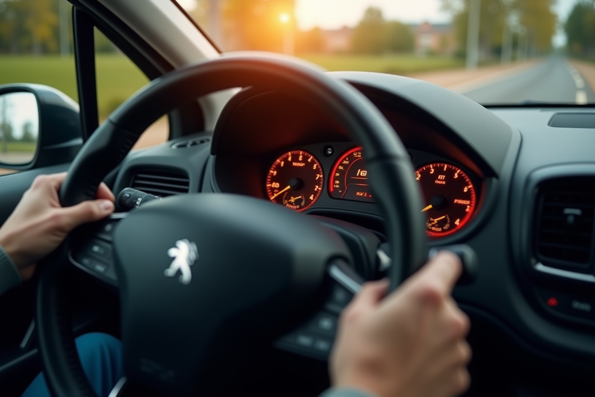 Tableau de bord Peugeot 1,6 HDi avec voyant allumé et mains au volant