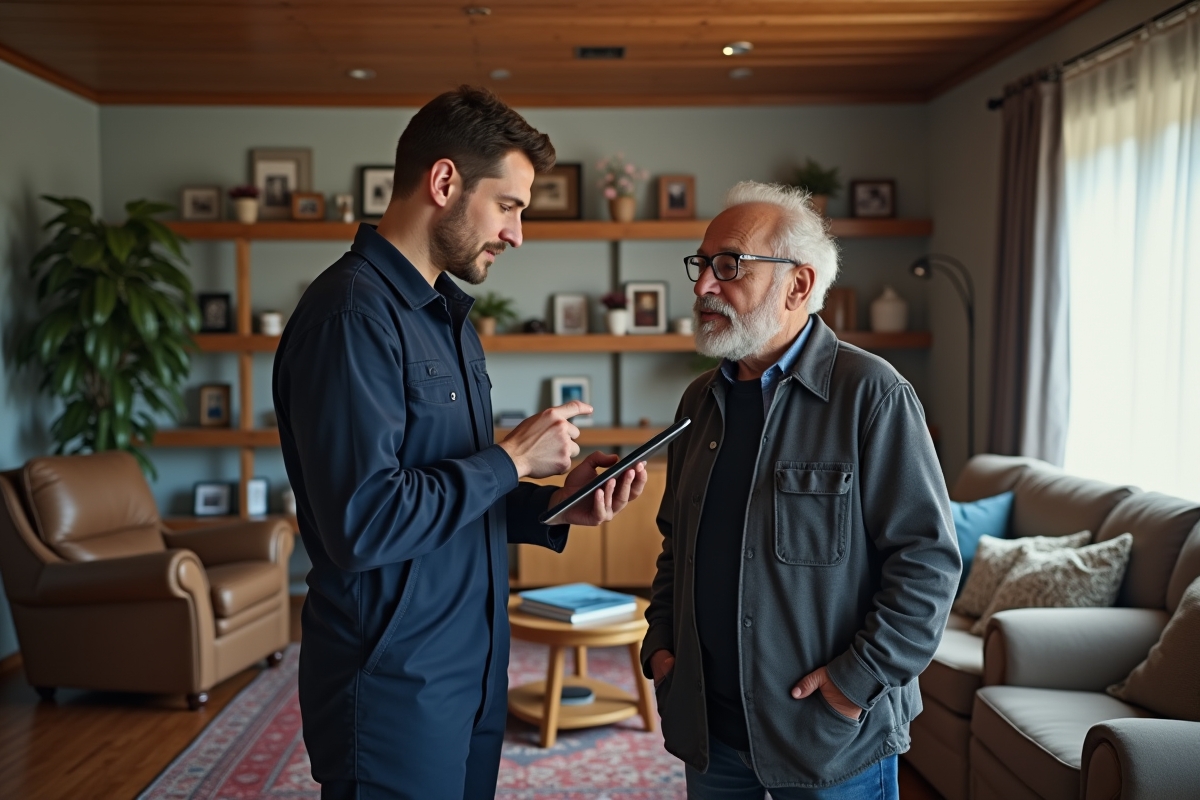 Jeune technicien réparateur consultant un homme âgé dans un salon chaleureux