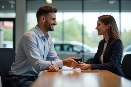 Homme souriant remettant sa carte de credit lors d une transaction automobile