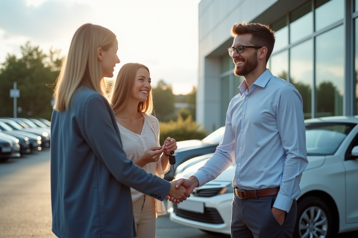 Vendeur de voitures souriant remettant les clés à un couple heureux devant un concessionnaire moderne